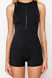 Kadın Destekli Askılı Boxer Yaka Siyah Halter Yaka Şort Mayo