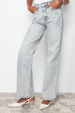Kadın Moda Şık Kot Pantolon Geniş Paça Uzun Boy Denim Soluk Vintage Yüksek Bel Jeans