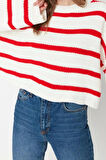 Kadın Moda Şık Crop Bisiklet Yaka Uzun Kol Çizgili Crop Basic Triko Kazak