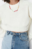 Kadın Moda Şık Crop Bisiklet Yaka Uzun Kol Düz Super Crop Basic Triko Kazak