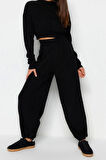 Kadın Moda Şık Regular Boy Uzun Kollu Süper Crop Jogger Pantolonlu Triko Alt-Üst Takım