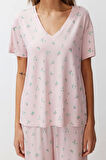 Kadın Viskon V Yaka Kısa Kol Çiçekli Örme Pijama Takımı