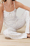 Kadın Viskon Havuz Yaka Askılı Kol Çiçekli İp Askılı Örme Pijama Takımı