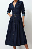 Kadın Moda Şık Maxi Boy Gömlek Yaka Oversize Kemerli Denim Elbise