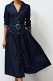 Kadın Moda Şık Maxi Boy Gömlek Yaka Oversize Kemerli Denim Elbise