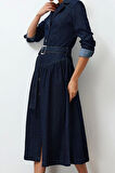 Kadın Moda Şık Maxi Boy Gömlek Yaka Oversize Kemerli Denim Elbise