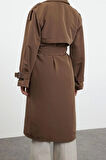 Kadın Moda Şık Oversize Ceket Yaka Uzun Düz Astarlı Oversize Kuşaklı Trençkot