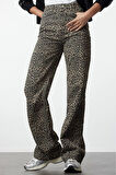 Kadın Moda Şık Kot Pantolon Geniş Paça Regular Boy Denim Leopar Baskılı Kahverengi Yüksek Bel Jeans