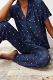 Kadın Polyester Gömlek Yaka Kısa Kol Kalpli Örme Pijama Takımı
