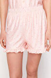 Kadın Polyester Gömlek Yaka Kısa Kol Somon Puantiyeli Fırfır Detaylı Örme Pijama Takımı