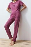 Kadın Polyester Bisiklet Yaka Kısa Kol Kalpli Örme Pijama Takımı