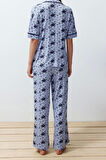 Kadın Moda Şık Gömlek Yaka Boru Paça Kısa Kol Desenli Biyeli Örme Pijama Takımı