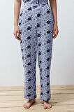Kadın Moda Şık Gömlek Yaka Boru Paça Kısa Kol Desenli Biyeli Örme Pijama Takımı