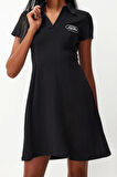 Kadın Moda Şık Mini Boy Polo Yaka Regular Skater Belden Açılan Nakışlı Pamuklu Esnek Örme Elbise