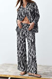 Kadın Moda Şık Regular Boy Uzun Kollu Zebra Desenli Dokuma Gömlek-Pantolon Takım