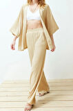 Kadın Moda Şık Geniş Paça Uzun Boy Uzun Kollu Relaxed Rahat Kesim Örme Kimona Pantolon Alt-Üst Takım