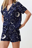 Kadın Viskon Gömlek Yaka Kısa Kol Galaksi Desenli Viskon Dokuma Pijama Takımı