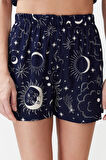 Kadın Viskon Gömlek Yaka Kısa Kol Galaksi Desenli Viskon Dokuma Pijama Takımı
