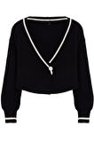Kadın Moda Şık Crop Kruvaze Regular Crop Renk Bloklu Triko Hırka