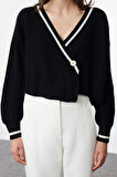 Kadın Moda Şık Crop Kruvaze Regular Crop Renk Bloklu Triko Hırka