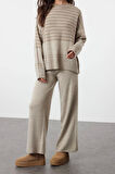 Kadın Moda Şık Boru Paça Regular Boy Uzun Kollu Geniş Kalıp Renk Bloklu Triko Alt-Üst Takım
