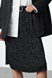 Kadın Moda Stil Midi Astarsız Triko Midi Simli Pileli Triko Etek