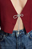 Kadın Moda Şık Crop V Yaka Regular Süper Crop Basic Fiyonklu Triko Hırka