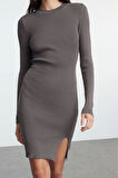 Kadın Moda Şık Mini Boy Bisiklet Yaka Slim Triko Yırtmaçlı Vücuda Oturan Elbise