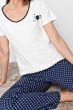 Kadın Pamuklu Bisiklet Yaka Kısa Kol Pamuklu Puantiyeli Örme Pijama Takımı