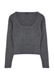 Kadın Moda Şık Kare Yaka Standart Kol Crop Triko Kazak