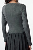 Kadın Moda Şık Kare Yaka Standart Kol Crop Triko Kazak