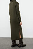Yeni Oversize Casual Günlük Dolu İğne Triko Balıkçı Yaka Uzun Kol Shift Midi Boy Elbise