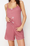 Kadın Polyester Havuz Yaka Askılı Kol Kurdele Fiyonk Detaylı İp Askılı Fitilli Örme Pijama Takımı