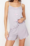 Kadın Polyester Havuz Yaka Askılı Kol Kurdele Fiyonk Detaylı İp Askılı Fitilli Örme Pijama Takımı