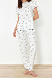 Kadın Moda Şık Bisiklet Yaka Boru Paça Kısa Kol Yıldız Desenli Örme Pijama Takımı