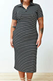 Yeni Slim Casual Günlük Kaşkorse Örme Polo Yaka Kısa Kol Shift Midi Boy Büyük Beden Elbise