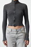 Kadın Moda Şık Crop Dik Yaka Slim Crop %100 Pamuk Yıkama Efektli Triko Hırka