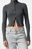 Kadın Moda Şık Crop Dik Yaka Slim Crop %100 Pamuk Yıkama Efektli Triko Hırka
