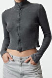 Kadın Moda Şık Crop Dik Yaka Slim Crop %100 Pamuk Yıkama Efektli Triko Hırka