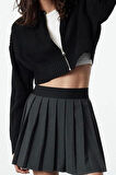 Kadın Moda Şık Crop Bisiklet Yaka Regular Crop Vatka Detaylı Triko Hırka