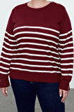 Kadın Büyük Beden Moda Şık Regular Bisiklet Yaka Uzun Kol Çizgili Triko Kazak