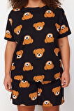 Kadın Moda Büyük Beden Bisiklet Yaka Geniş Paça Kısa Kol Ayıcık Baskılı Pamuklu Örme Pijama Takımı