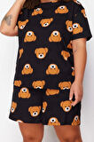 Kadın Moda Büyük Beden Bisiklet Yaka Geniş Paça Kısa Kol Ayıcık Baskılı Pamuklu Örme Pijama Takımı