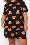 Kadın Moda Büyük Beden Bisiklet Yaka Geniş Paça Kısa Kol Ayıcık Baskılı Pamuklu Örme Pijama Takımı