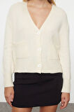 Kadın Moda Şık Crop V Yaka Regular Yünlü Basic Crop Triko Hırka