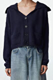 Kadın Moda Şık Crop Devrik Yaka Oversize Crop Geniş Kalıp Yumuşak Dokulu Devrik Yaka Triko Hırka