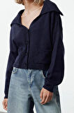 Kadın Moda Şık Crop Devrik Yaka Oversize Crop Geniş Kalıp Yumuşak Dokulu Devrik Yaka Triko Hırka