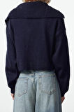 Kadın Moda Şık Crop Devrik Yaka Oversize Crop Geniş Kalıp Yumuşak Dokulu Devrik Yaka Triko Hırka