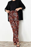 Kadın Yeni Moda Geniş Paça Regular Boy Dokuma Beli Lastikli Geniş Paça Leopar Desenli Pantolon