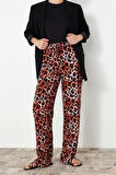 Kadın Yeni Moda Geniş Paça Regular Boy Dokuma Beli Lastikli Geniş Paça Leopar Desenli Pantolon